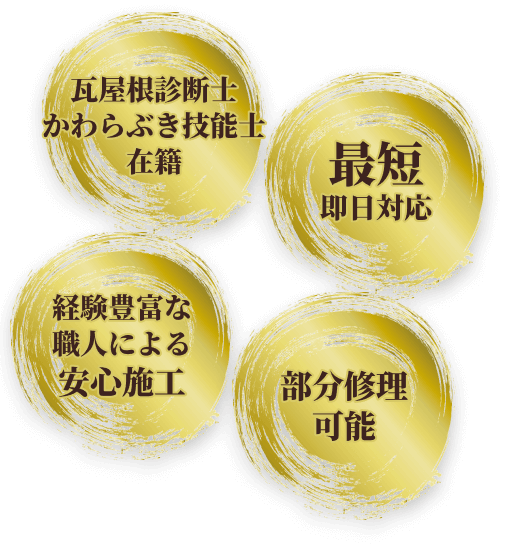 瓦屋根診断士 かわらぶき技能士在籍、最短即日対応、経験豊富な職人による安心施工、部分修理可能